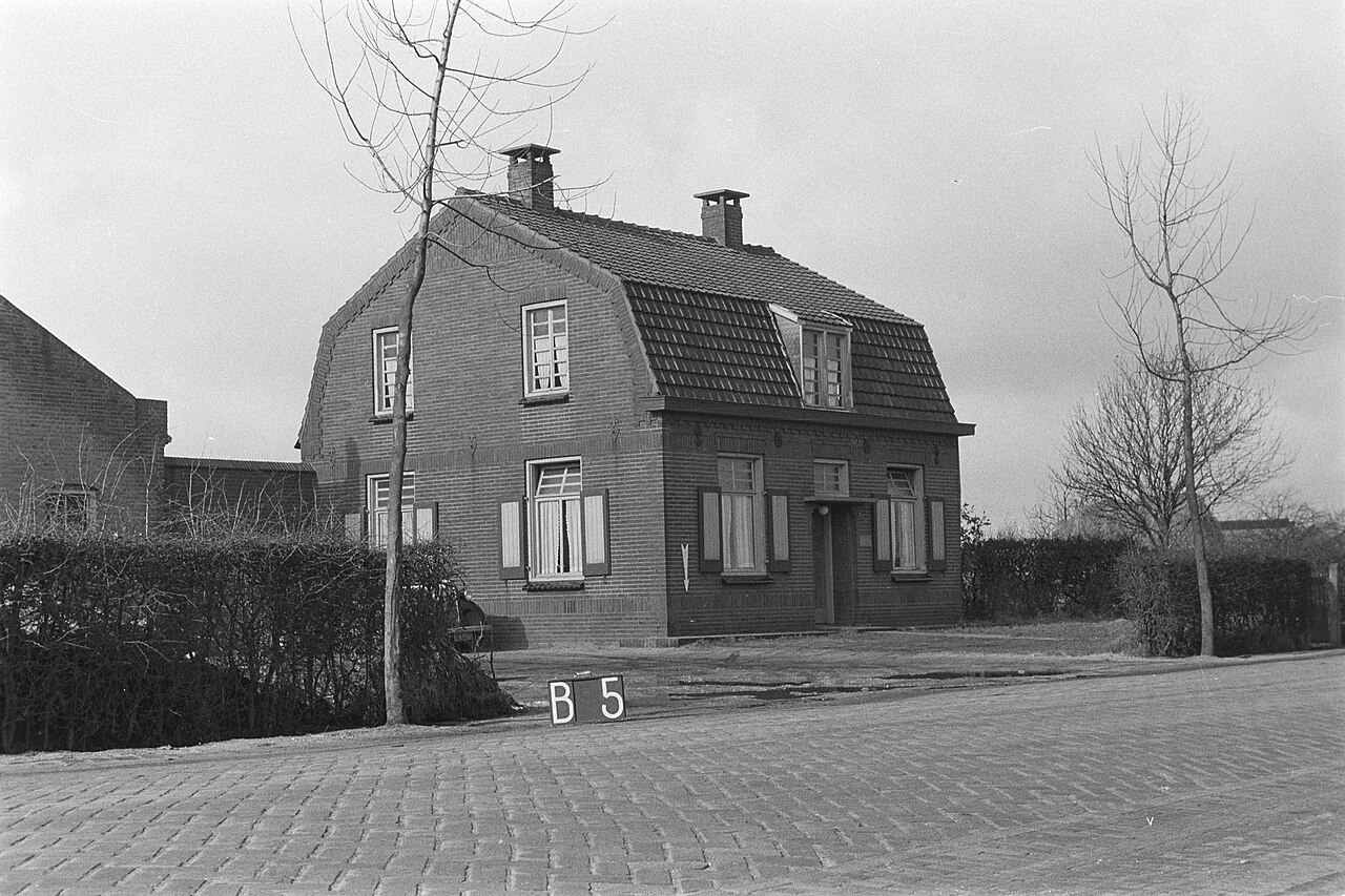 Woonhuis met mansardedak aan een klinkerweg